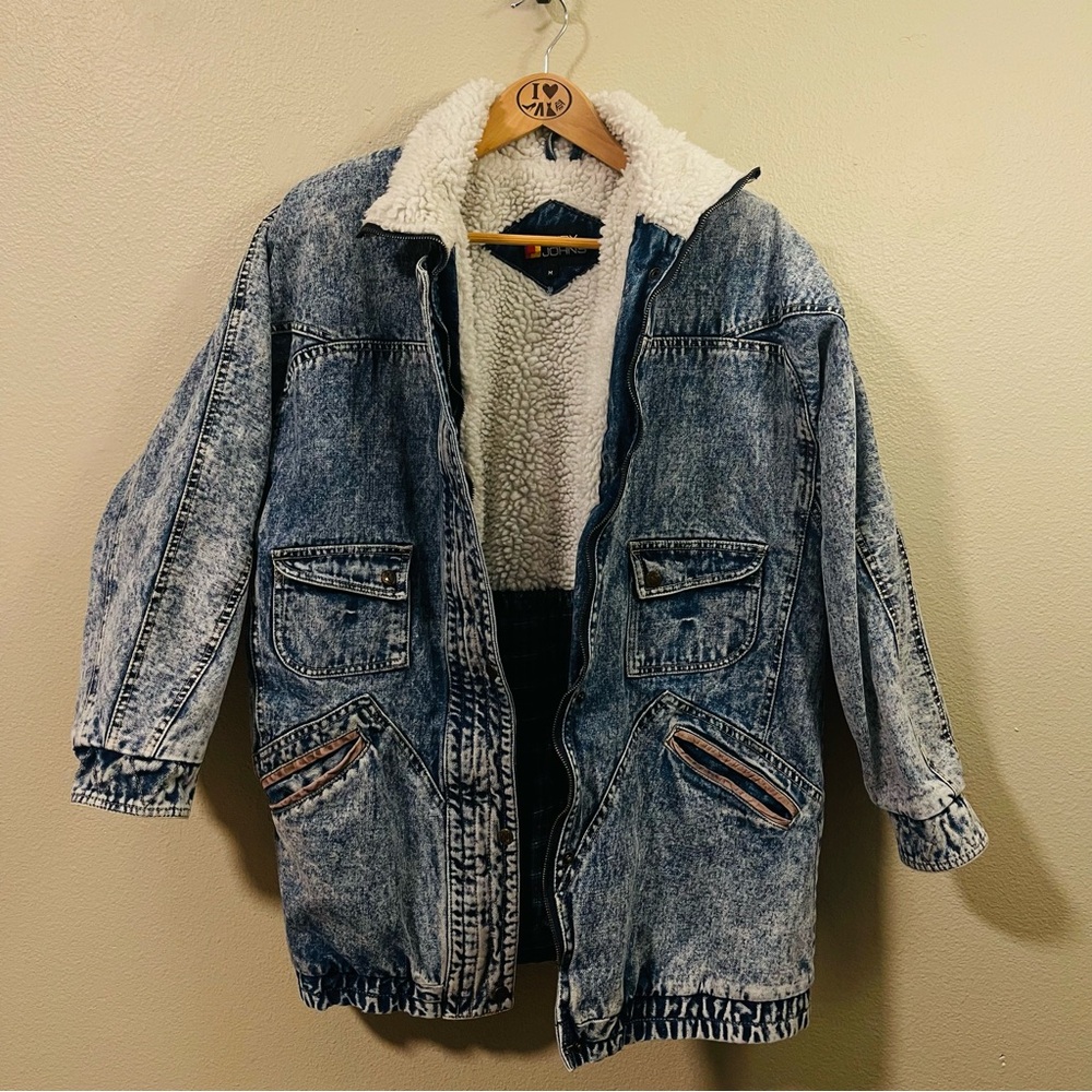 VTG Andy John's Women's‎ Denim Sherpa Jacket Acid Wash 70s 80s Retro Chic Size M